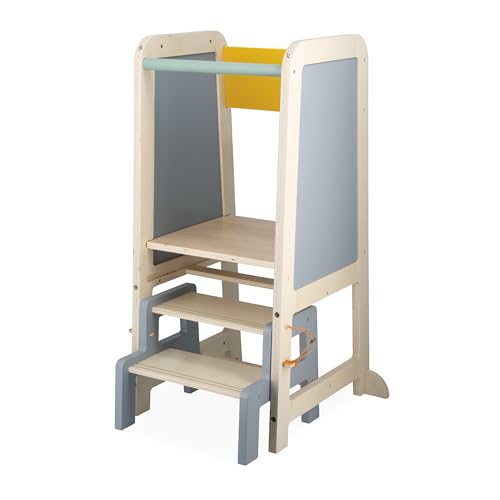 Janod - Lernturm aus Holz - 2 Einstellbare Höhen - 1 Abnehmbarer Tritthocker, 1 Tafel, 2 Kreiden, 1 Bürste - Ab 18 Monate, J09640