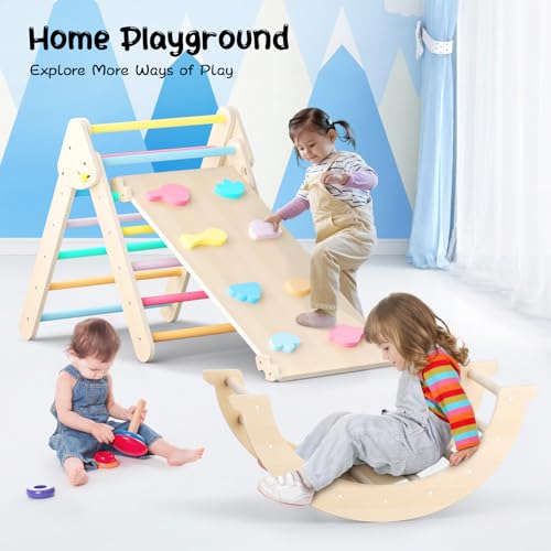 nmoiww Klettergerüst für Kleinkinder, Kletterleiter aus Holz für Kinder mit gemütlichem Kissen, Indoor-Montessori-Spiel-Fitnessstudio (Rainbow Color)