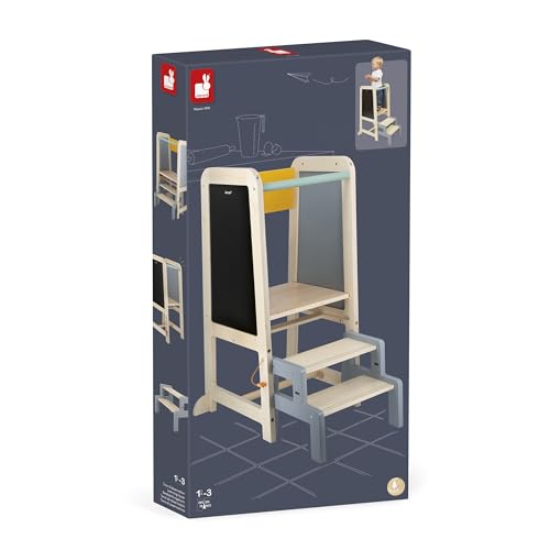 Janod - Lernturm aus Holz - 2 Einstellbare Höhen - 1 Abnehmbarer Tritthocker, 1 Tafel, 2 Kreiden, 1 Bürste - Ab 18 Monate, J09640
