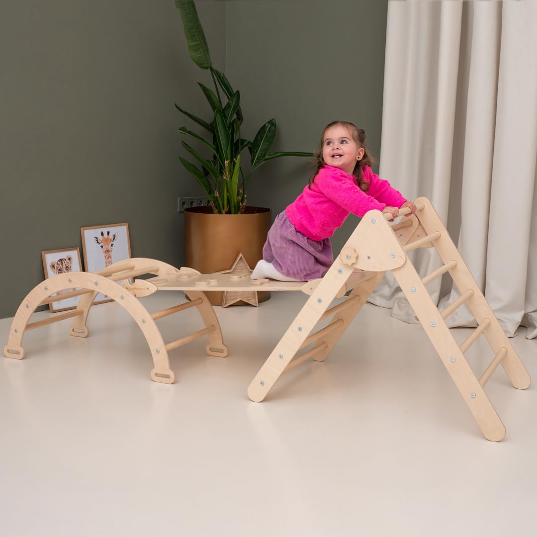 Woodandhearts Montessori Kletterdreieck mit Rutsche – Kletterbogen aus Holz – Kinderrutsche Indoor für Baby & Kinder – Spielplatz Klettergerüst für Kinderzimmer