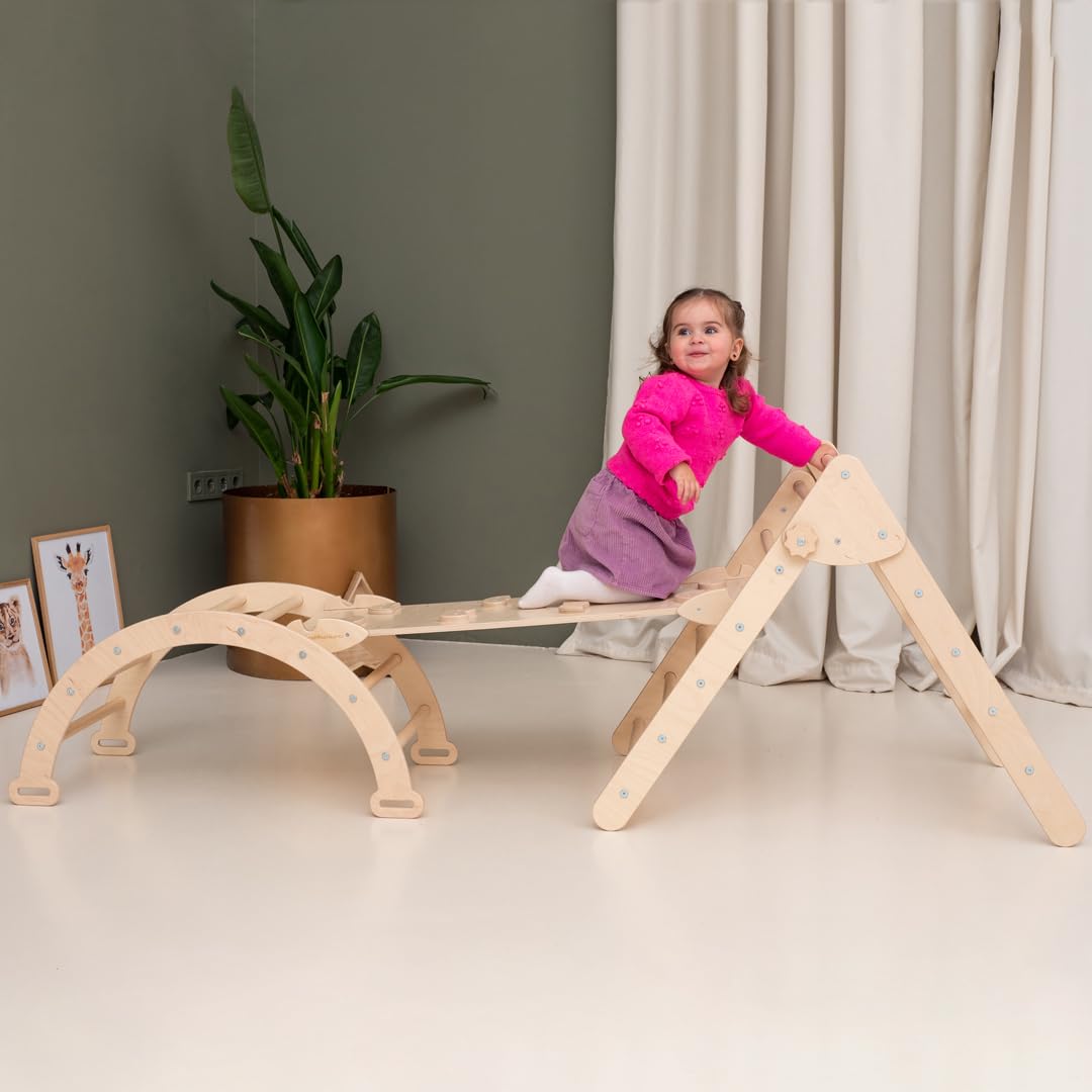 Woodandhearts Montessori Kletterdreieck mit Rutsche – Kletterbogen aus Holz – Kinderrutsche Indoor für Baby & Kinder – Spielplatz Klettergerüst für Kinderzimmer