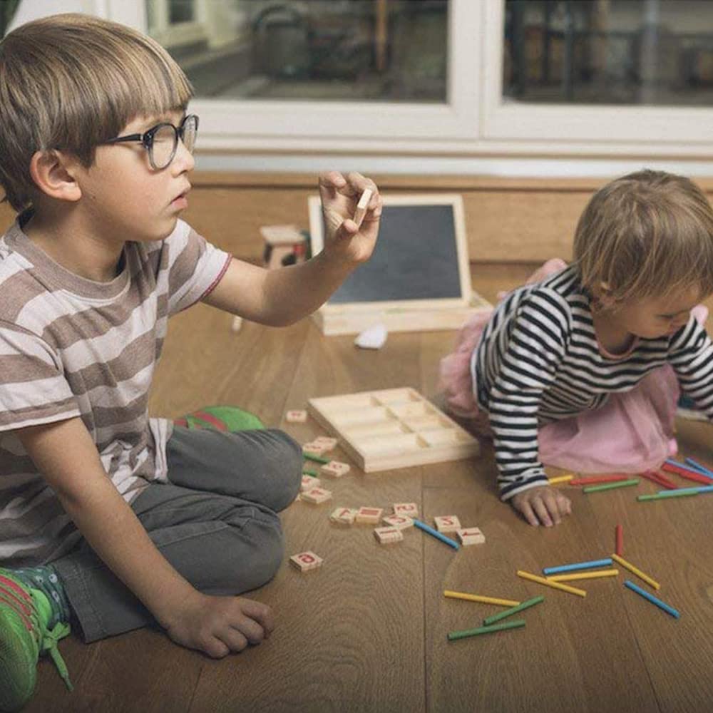 Montessori Mathe-Lernspielzeug aus Holz – Bunte Zählstäbchen & Zahlenkarten im Set, Pädagogisches Spielzeug für Kinder ab 3 Jahren