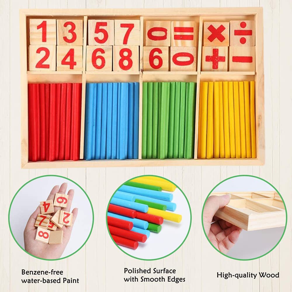 Montessori Mathe-Lernspielzeug aus Holz – Bunte Zählstäbchen & Zahlenkarten im Set, Pädagogisches Spielzeug für Kinder ab 3 Jahren