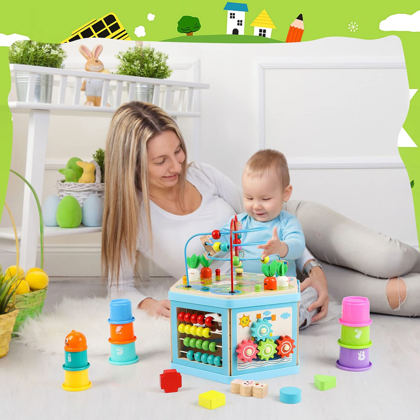 Vomocent - Holz-Aktivitätswürfel, 1 Jahr, Labyrinth, pädagogisches Lernen für Kinder von 1 bis 3 Jahren, Montessori-Entwicklungsspielzeug für Jungen und Mädchen von 12 bis 36 Jahren
