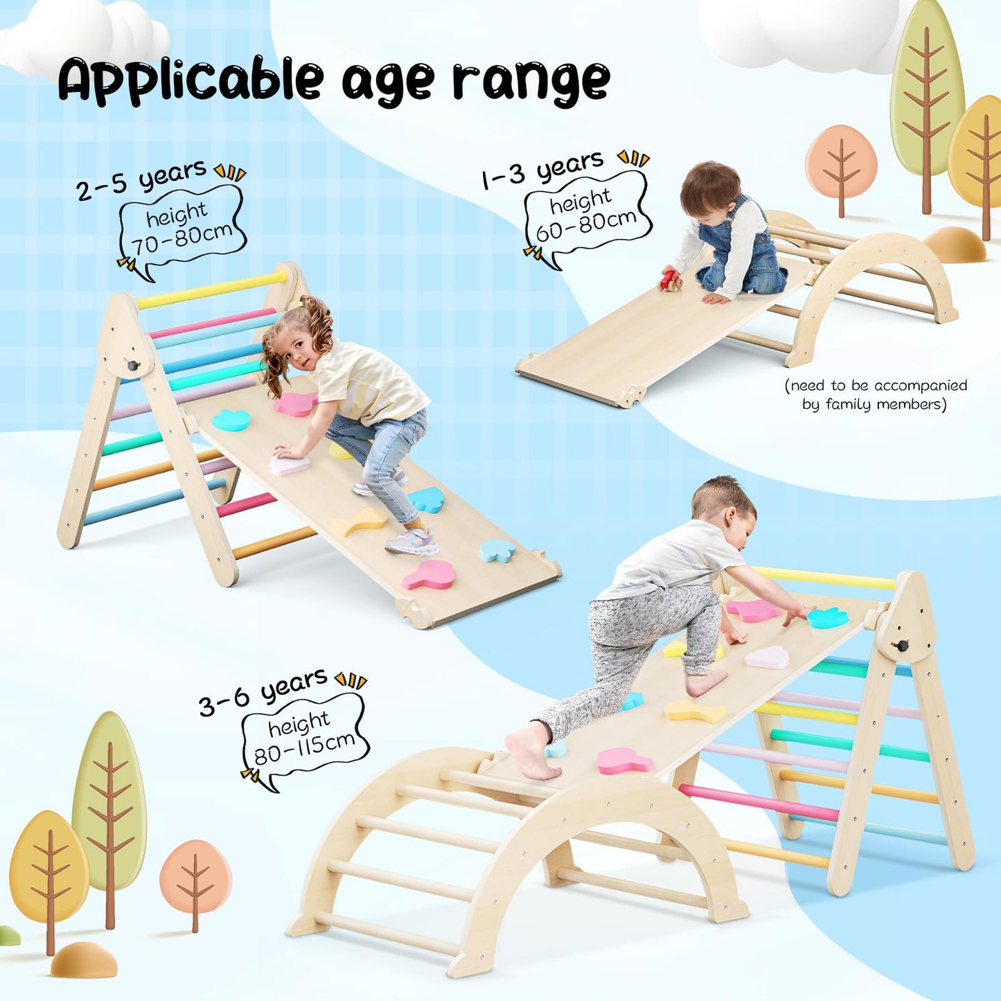 nmoiww Klettergerüst für Kleinkinder, Kletterleiter aus Holz für Kinder mit gemütlichem Kissen, Indoor-Montessori-Spiel-Fitnessstudio (Rainbow Color)