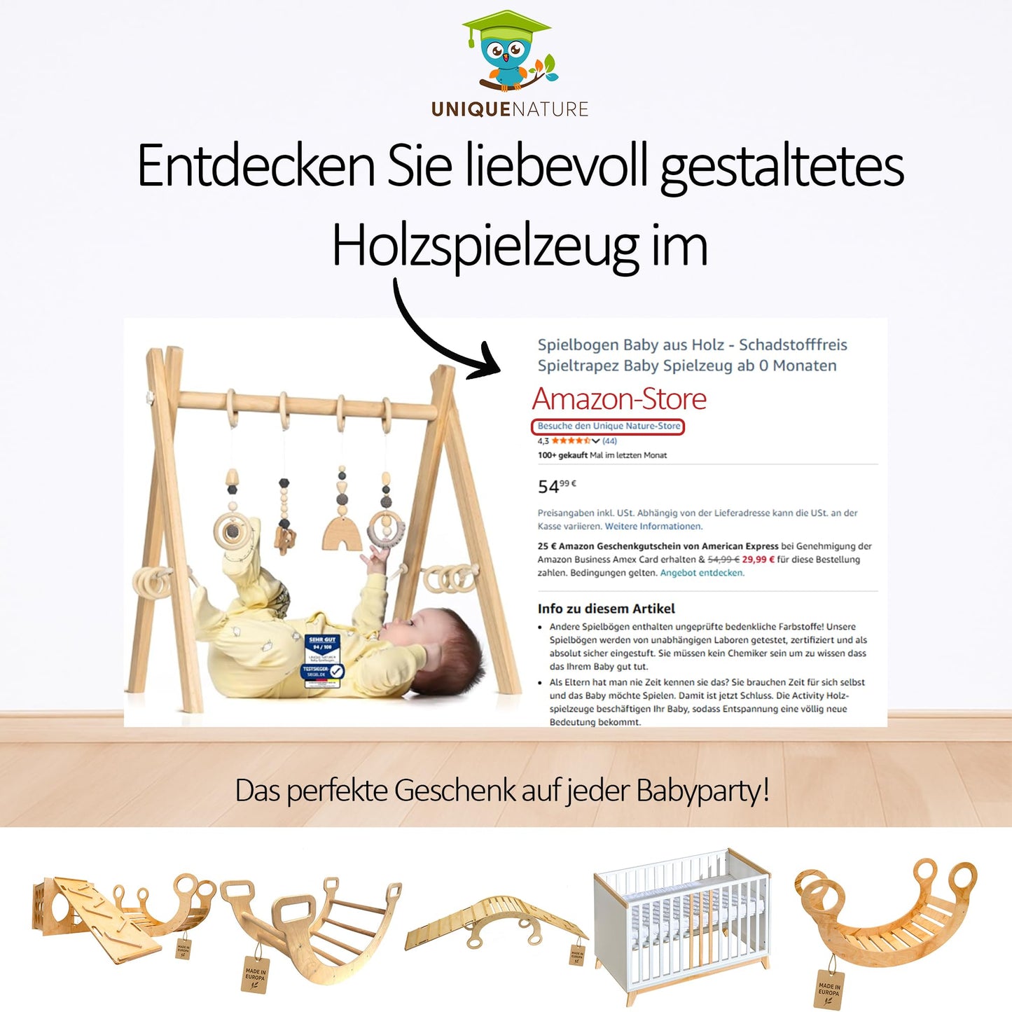 Unique Nature Montessori Spielwürfel 55x55x55 cm – multifunktionales Indoor Motorikspielzeug aus Holz ab 1 Jahr, großer Motorikwürfel als Tunnel, Sortierer & Kletterelement für Kleinkinder