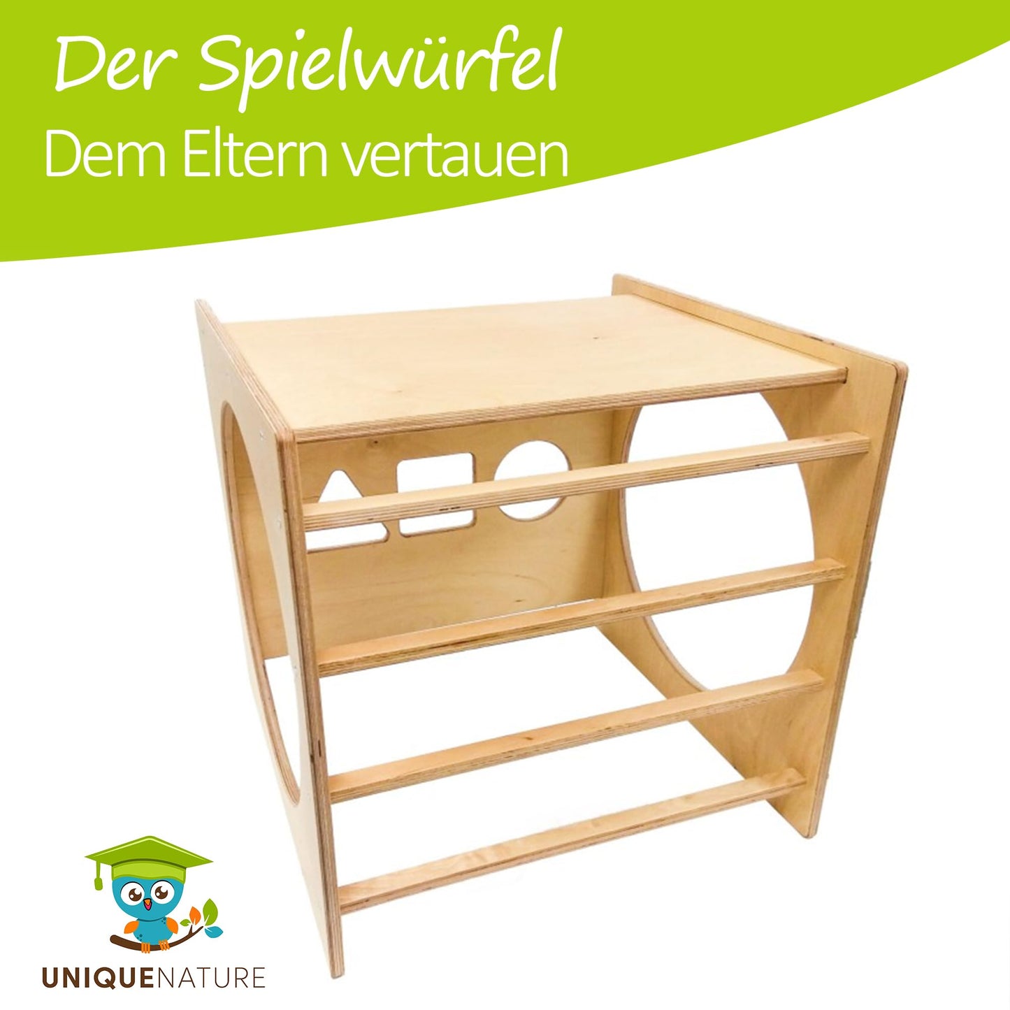 Unique Nature Montessori Spielwürfel 55x55x55 cm – multifunktionales Indoor Motorikspielzeug aus Holz ab 1 Jahr, großer Motorikwürfel als Tunnel, Sortierer & Kletterelement für Kleinkinder