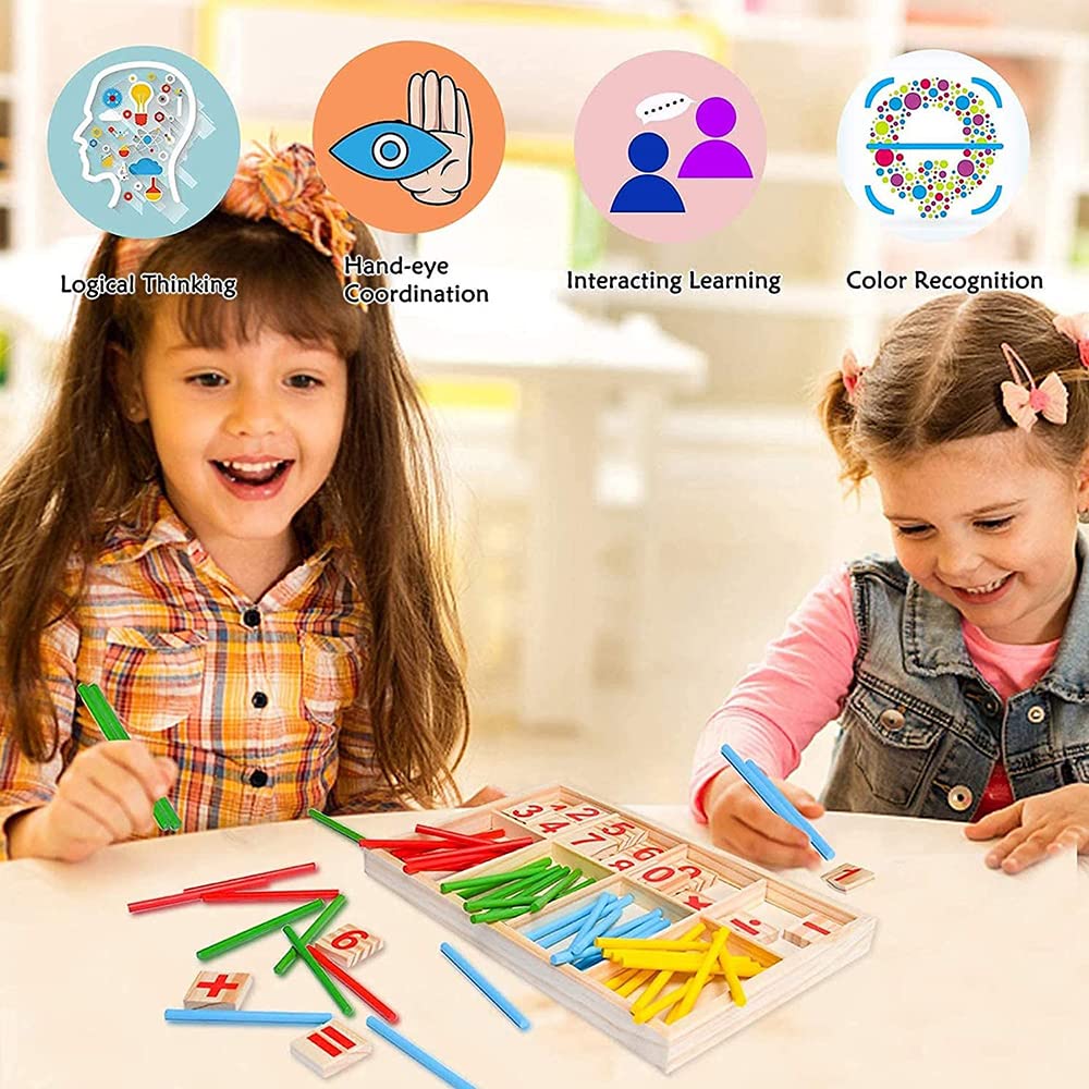 Montessori Mathe-Lernspielzeug aus Holz – Bunte Zählstäbchen & Zahlenkarten im Set, Pädagogisches Spielzeug für Kinder ab 3 Jahren