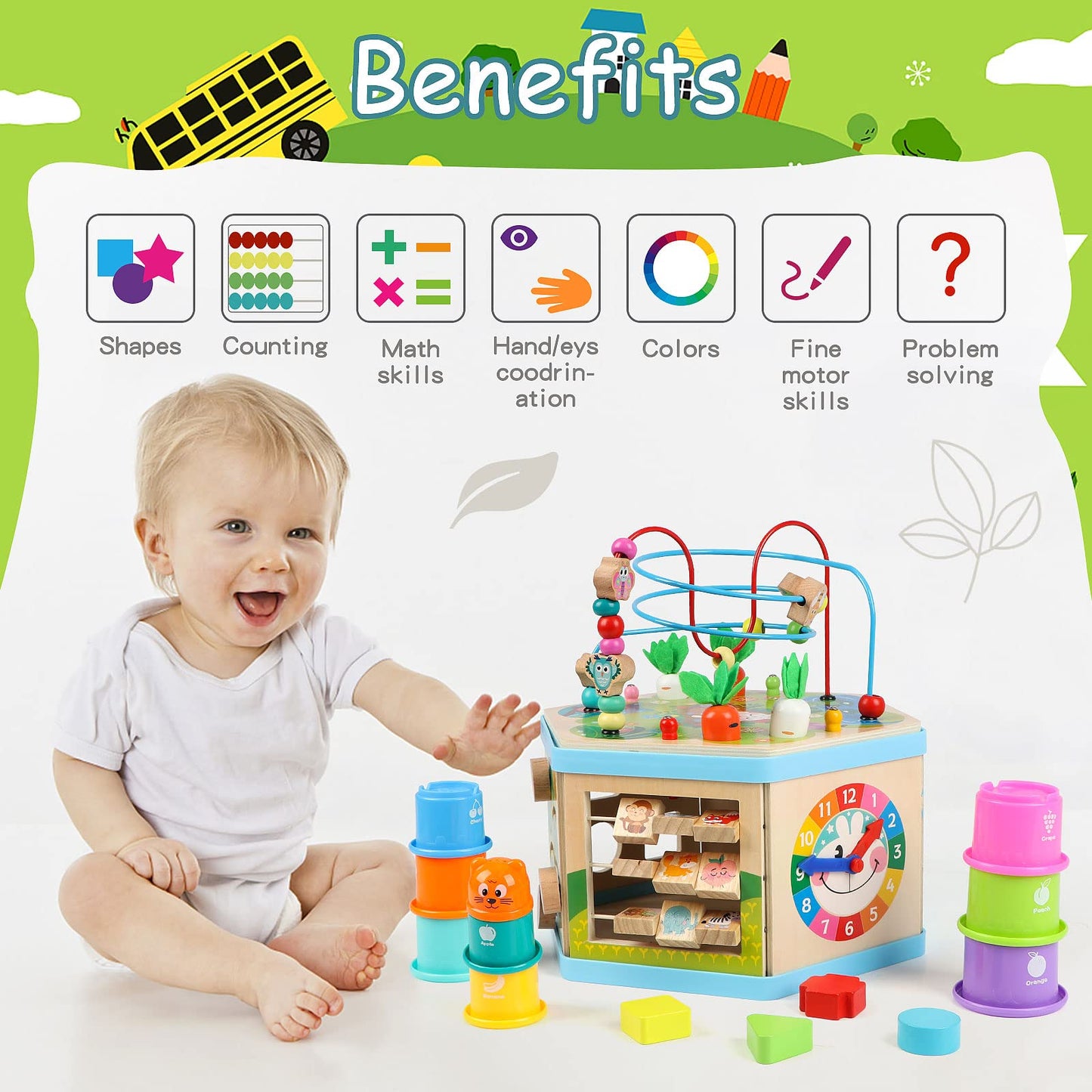 Vomocent - Holz-Aktivitätswürfel, 1 Jahr, Labyrinth, pädagogisches Lernen für Kinder von 1 bis 3 Jahren, Montessori-Entwicklungsspielzeug für Jungen und Mädchen von 12 bis 36 Jahren