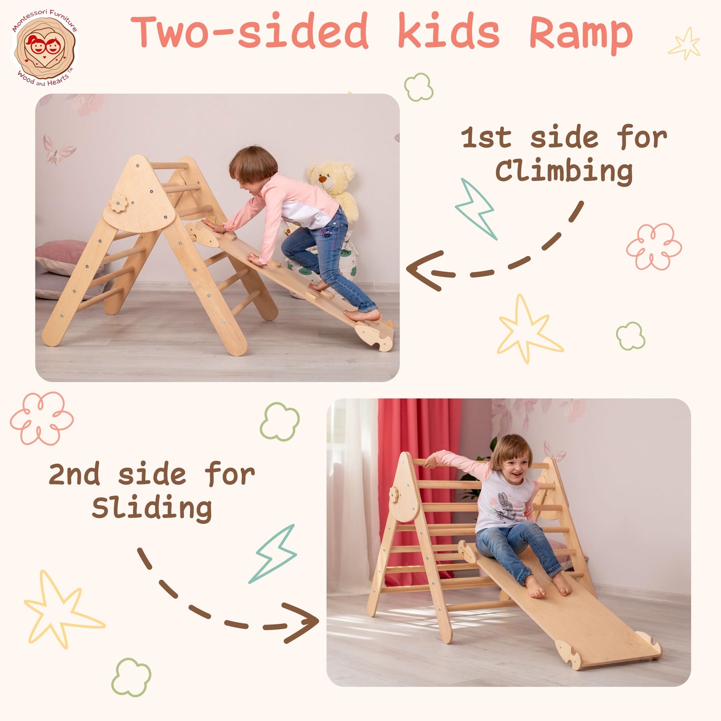 Wood And Hearts kletterdreieck, kletterbogen, Indoor Spielplatz, rutsche Indoor kletterdreieck mit rutsch, Klettern Kinder Indoor, Montessori Rampe Bogen Kletter Leiter(4-8 Jahre)