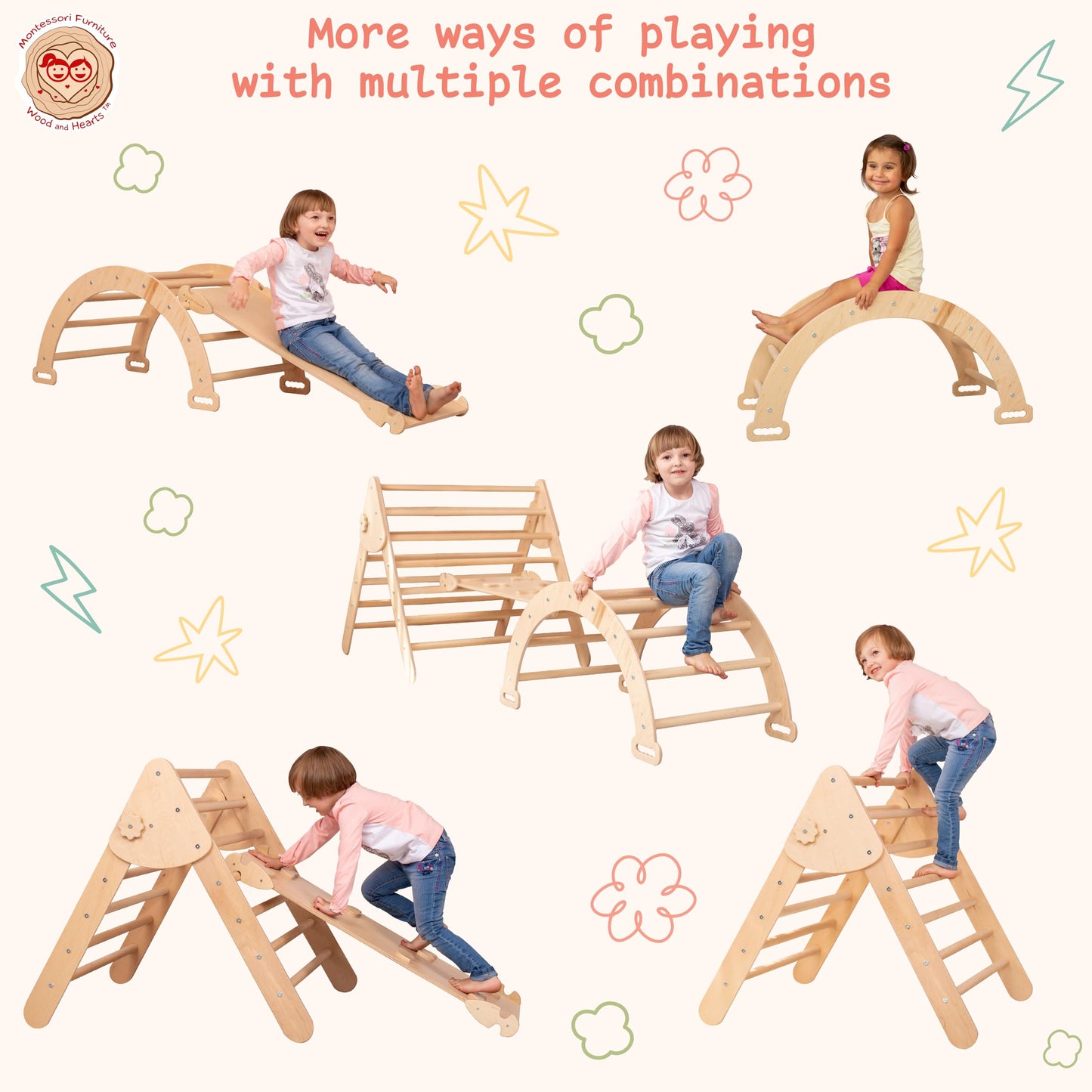 Wood And Hearts kletterdreieck, kletterbogen, Indoor Spielplatz, rutsche Indoor kletterdreieck mit rutsch, Klettern Kinder Indoor, Montessori Rampe Bogen Kletter Leiter(4-8 Jahre)