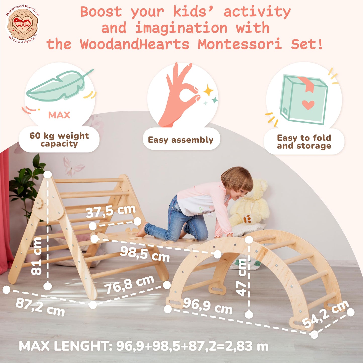 Wood And Hearts kletterdreieck, kletterbogen, Indoor Spielplatz, rutsche Indoor kletterdreieck mit rutsch, Klettern Kinder Indoor, Montessori Rampe Bogen Kletter Leiter(4-8 Jahre)