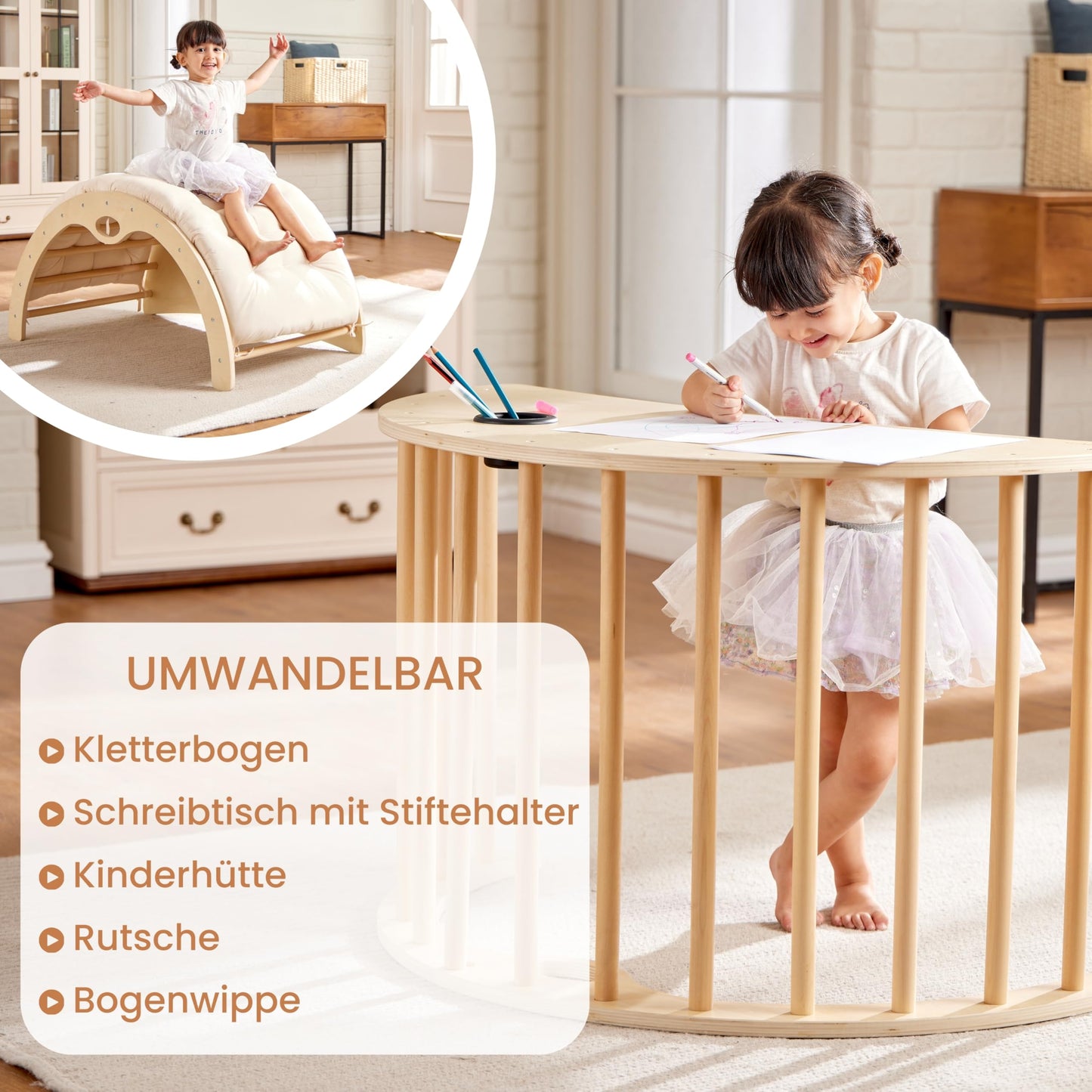 Teedum Montessori Kletterbogen mit Kissen, Motorikspielzeug für Kinder 1-6 Jahre, Kletterdreieck mit Schreibtisch-Funktion