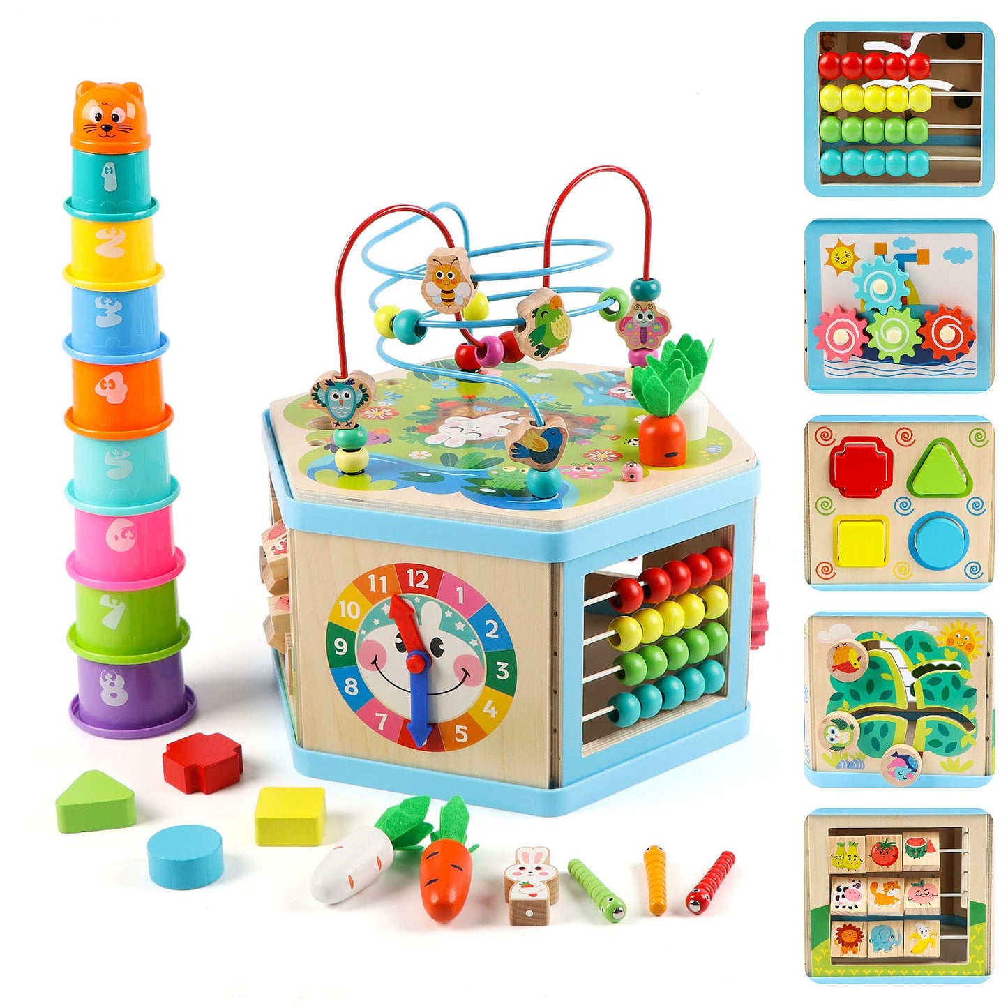 Vomocent - Holz-Aktivitätswürfel, 1 Jahr, Labyrinth, pädagogisches Lernen für Kinder von 1 bis 3 Jahren, Montessori-Entwicklungsspielzeug für Jungen und Mädchen von 12 bis 36 Jahren