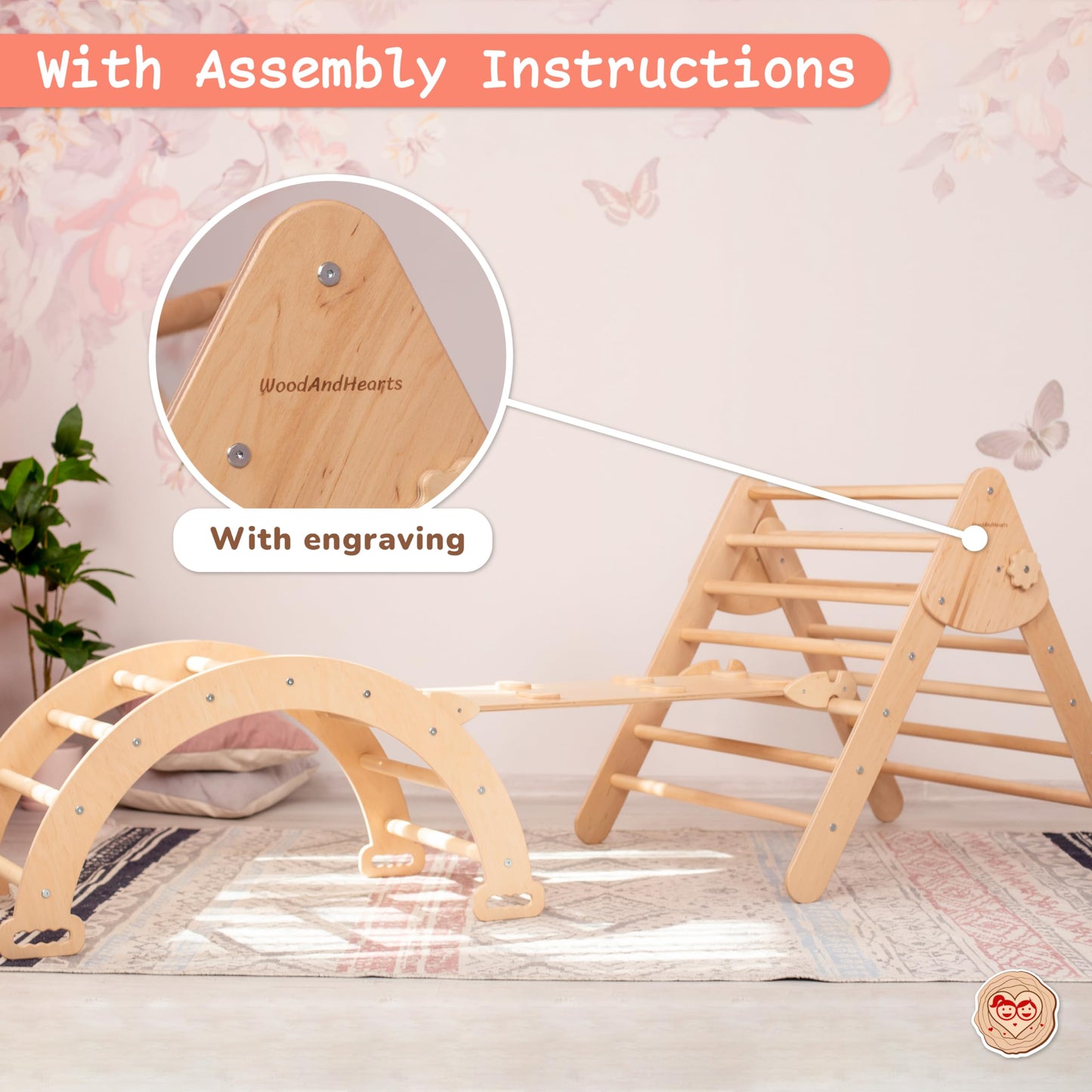 Wood And Hearts kletterdreieck, kletterbogen, Indoor Spielplatz, rutsche Indoor kletterdreieck mit rutsch, Klettern Kinder Indoor, Montessori Rampe Bogen Kletter Leiter(4-8 Jahre)
