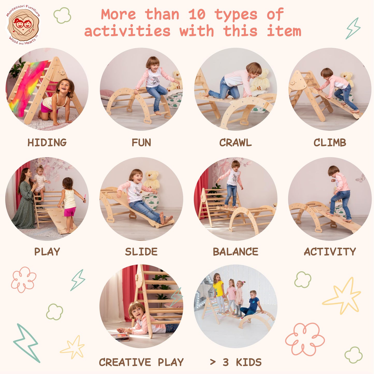Wood And Hearts kletterdreieck, kletterbogen, Indoor Spielplatz, rutsche Indoor kletterdreieck mit rutsch, Klettern Kinder Indoor, Montessori Rampe Bogen Kletter Leiter(4-8 Jahre)