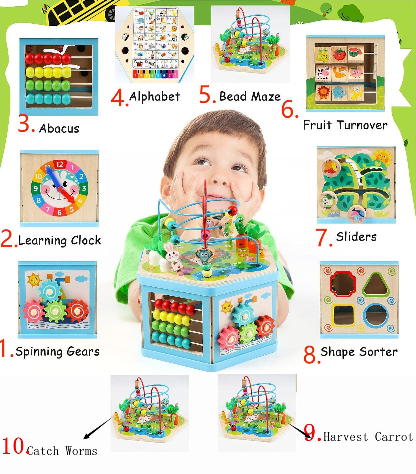Vomocent - Holz-Aktivitätswürfel, 1 Jahr, Labyrinth, pädagogisches Lernen für Kinder von 1 bis 3 Jahren, Montessori-Entwicklungsspielzeug für Jungen und Mädchen von 12 bis 36 Jahren