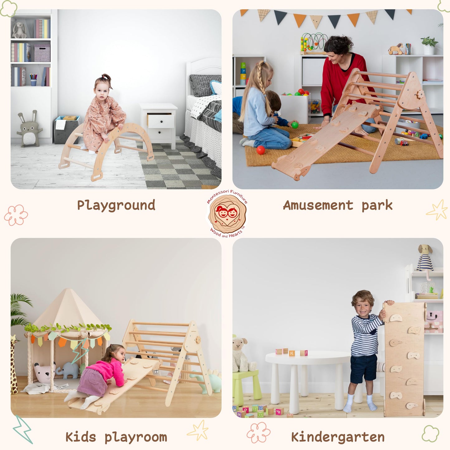 Wood And Hearts kletterdreieck, kletterbogen, Indoor Spielplatz, rutsche Indoor kletterdreieck mit rutsch, Klettern Kinder Indoor, Montessori Rampe Bogen Kletter Leiter(4-8 Jahre)