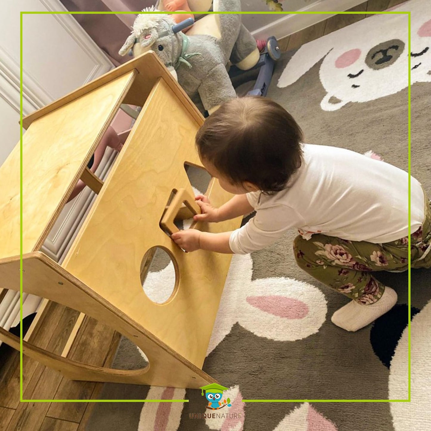 Unique Nature Montessori Spielwürfel 55x55x55 cm – multifunktionales Indoor Motorikspielzeug aus Holz ab 1 Jahr, großer Motorikwürfel als Tunnel, Sortierer & Kletterelement für Kleinkinder
