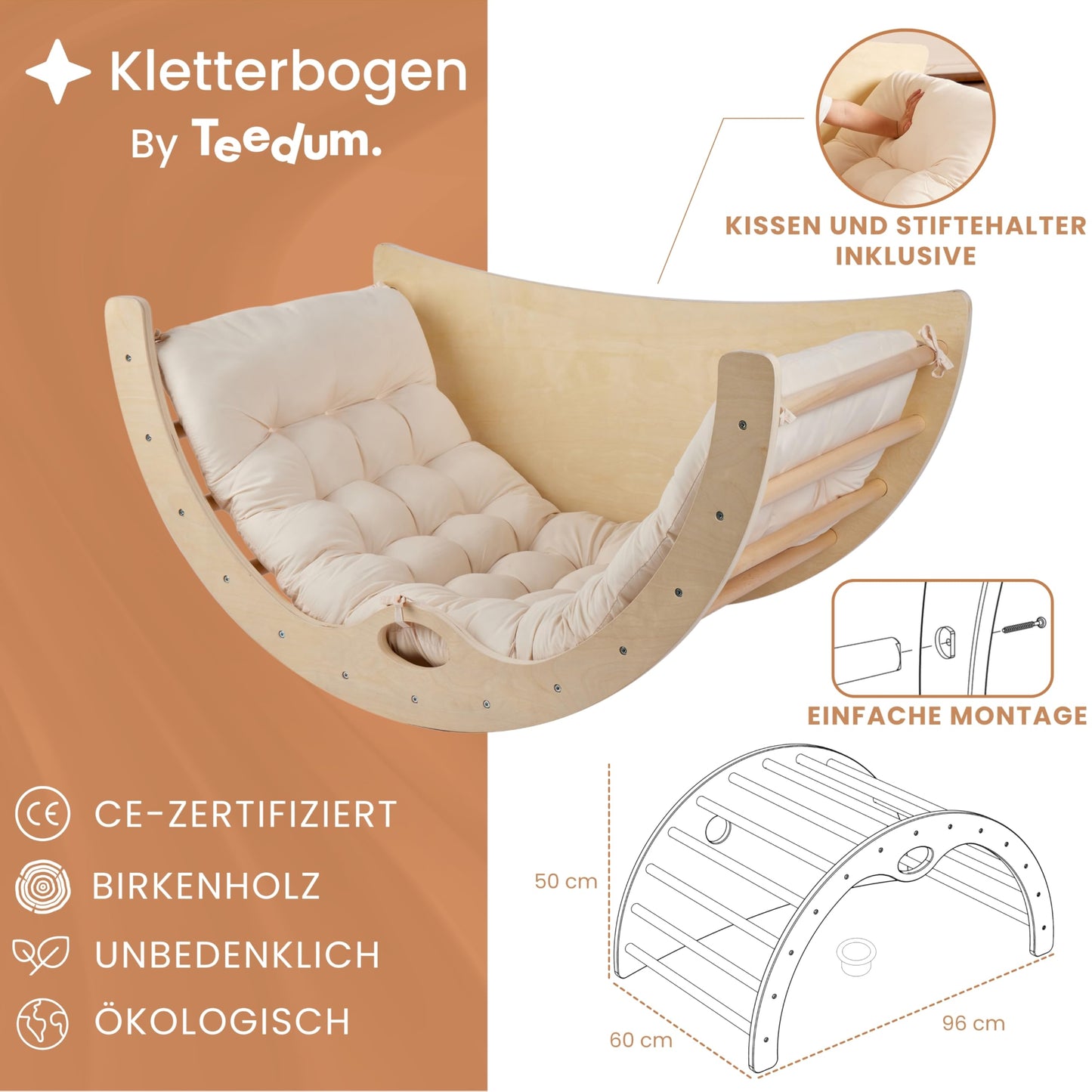 Teedum Montessori Kletterbogen mit Kissen, Motorikspielzeug für Kinder 1-6 Jahre, Kletterdreieck mit Schreibtisch-Funktion