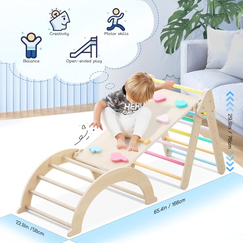 nmoiww Klettergerüst für Kleinkinder, Kletterleiter aus Holz für Kinder mit gemütlichem Kissen, Indoor-Montessori-Spiel-Fitnessstudio (Rainbow Color)