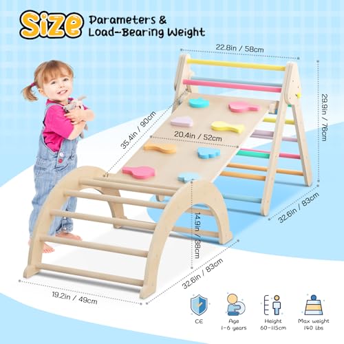 nmoiww Klettergerüst für Kleinkinder, Kletterleiter aus Holz für Kinder mit gemütlichem Kissen, Indoor-Montessori-Spiel-Fitnessstudio (Rainbow Color)