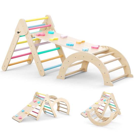 nmoiww Klettergerüst für Kleinkinder, Kletterleiter aus Holz für Kinder mit gemütlichem Kissen, Indoor-Montessori-Spiel-Fitnessstudio (Rainbow Color)