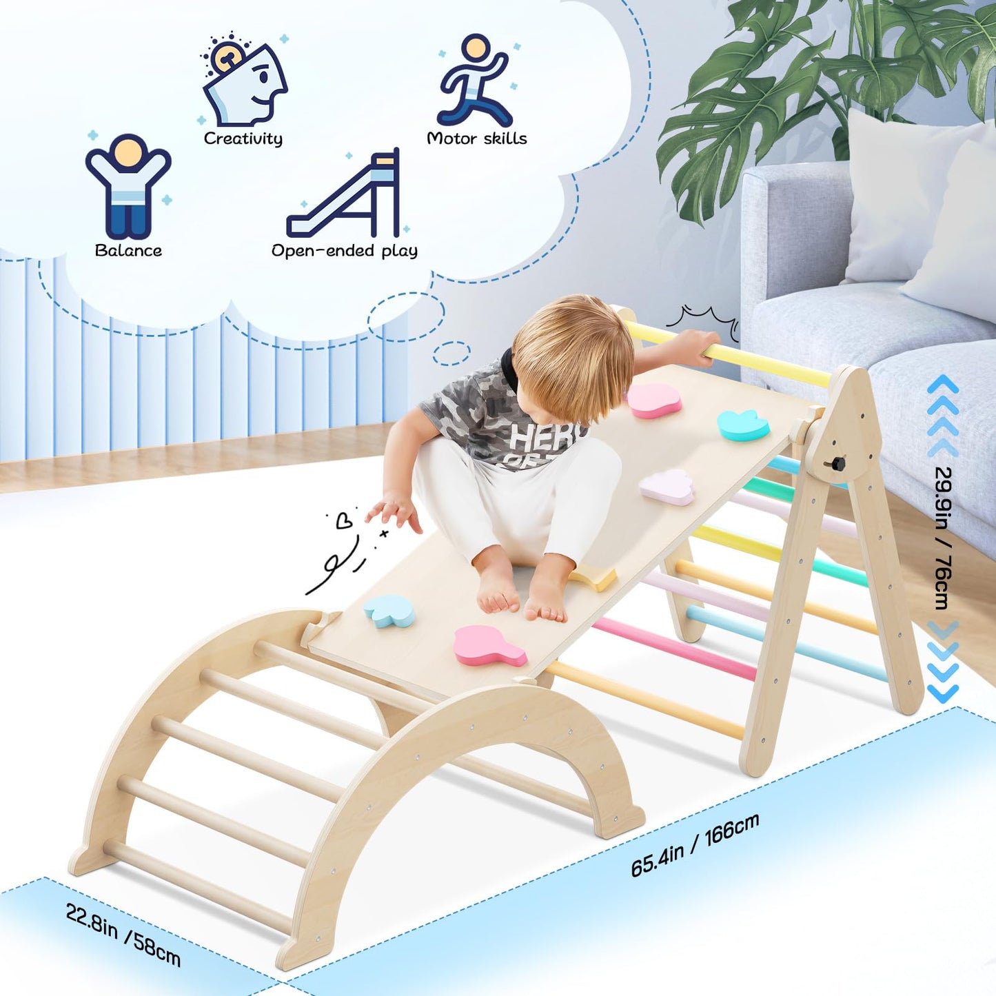 Brolteja Kletterspielzeug für Kleinkinder, Kletterleitern aus Holz für Kinder, faltbares Klettergerüst für Kinder, Montessori-Spielausrüstung für Kleinkinder (Regenbogenfarbe-3 in 1)