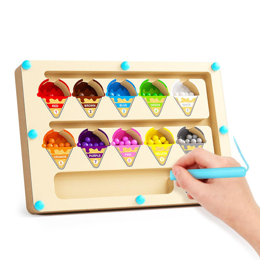 Montessori Magnetisches Eiscreme-Labyrinth aus Holz – Pädagogisches Motorikspielzeug zum Zählen & Farbenlernen für Kinder ab 3 Jahren