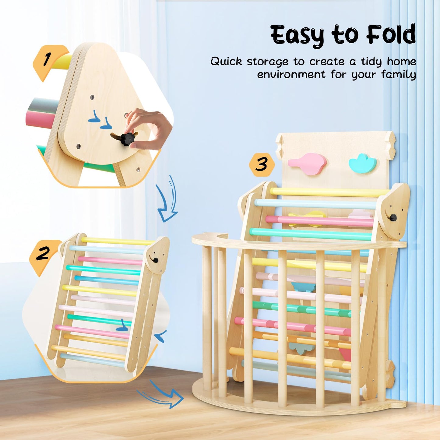 Brolteja Kletterspielzeug für Kleinkinder, Kletterleitern aus Holz für Kinder, faltbares Klettergerüst für Kinder, Montessori-Spielausrüstung für Kleinkinder (Regenbogenfarbe-3 in 1)