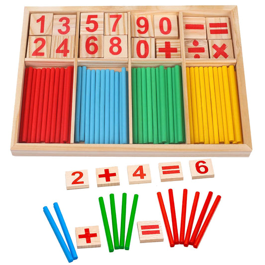 Montessori Mathe-Lernspielzeug aus Holz – Bunte Zählstäbchen & Zahlenkarten im Set, Pädagogisches Spielzeug für Kinder ab 3 Jahren