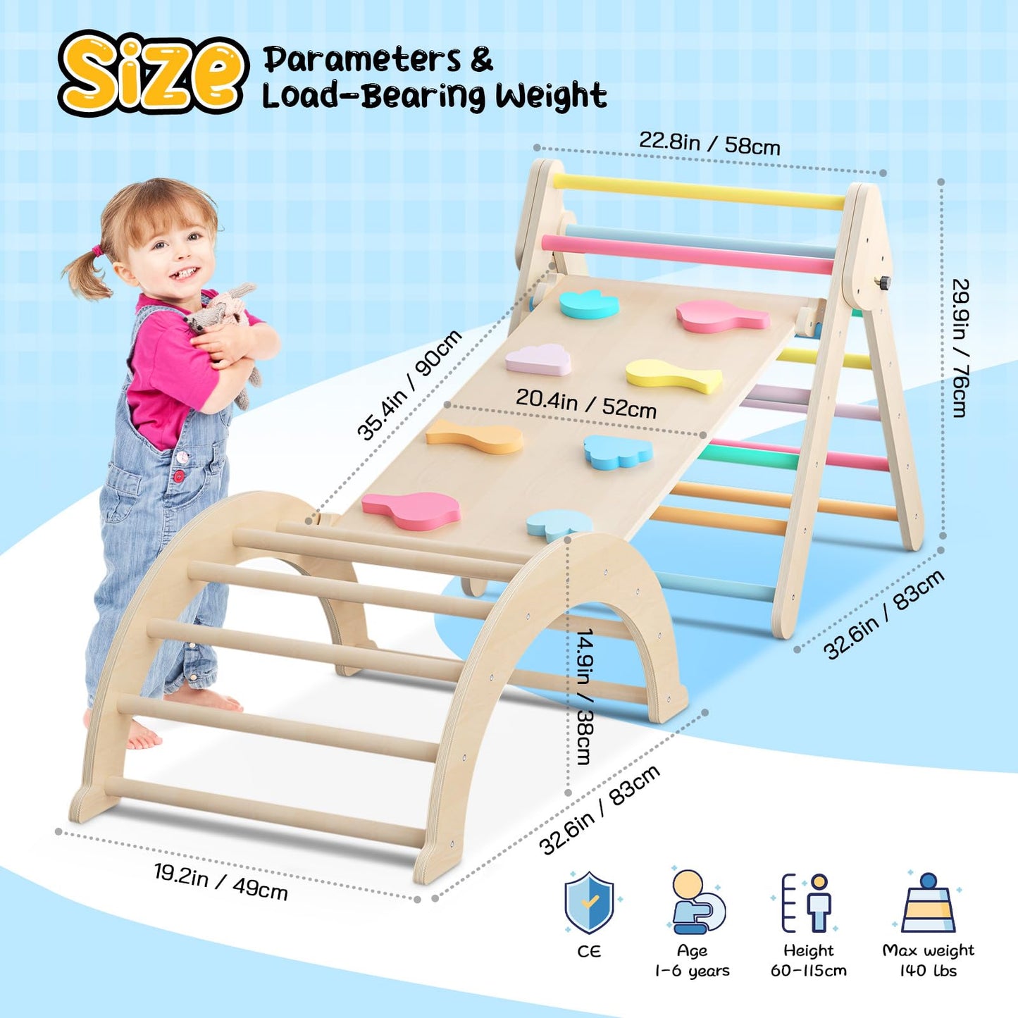 Brolteja Kletterspielzeug für Kleinkinder, Kletterleitern aus Holz für Kinder, faltbares Klettergerüst für Kinder, Montessori-Spielausrüstung für Kleinkinder (Regenbogenfarbe-3 in 1)