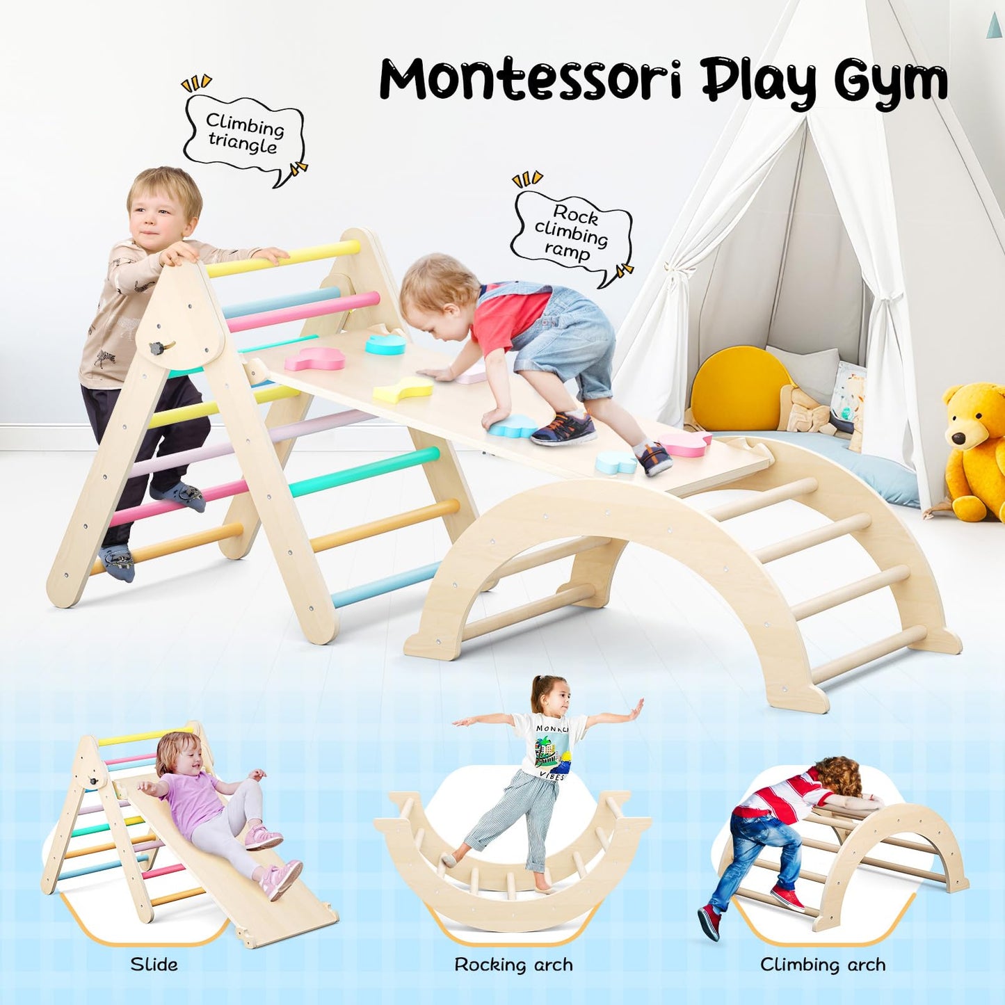 Brolteja Kletterspielzeug für Kleinkinder, Kletterleitern aus Holz für Kinder, faltbares Klettergerüst für Kinder, Montessori-Spielausrüstung für Kleinkinder (Regenbogenfarbe-3 in 1)