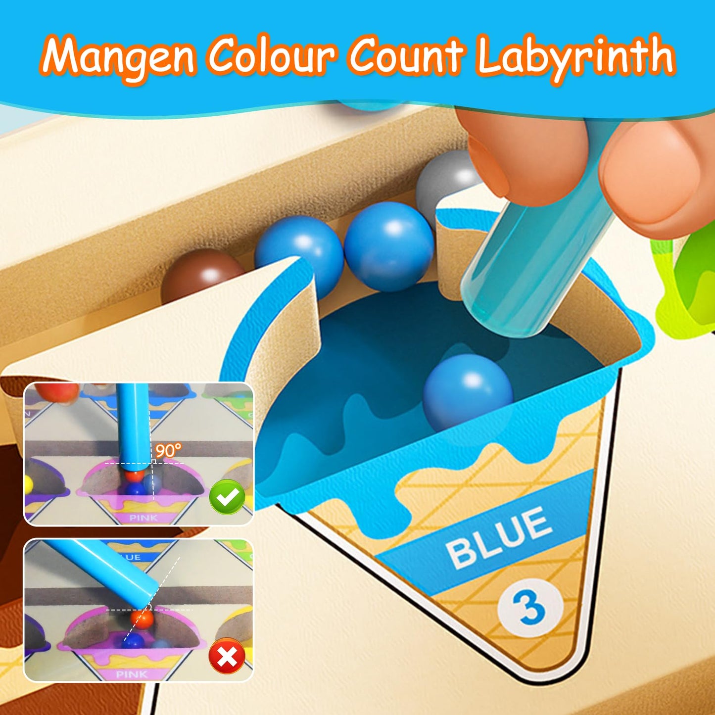 Montessori Magnetisches Eiscreme-Labyrinth aus Holz – Pädagogisches Motorikspielzeug zum Zählen & Farbenlernen für Kinder ab 3 Jahren