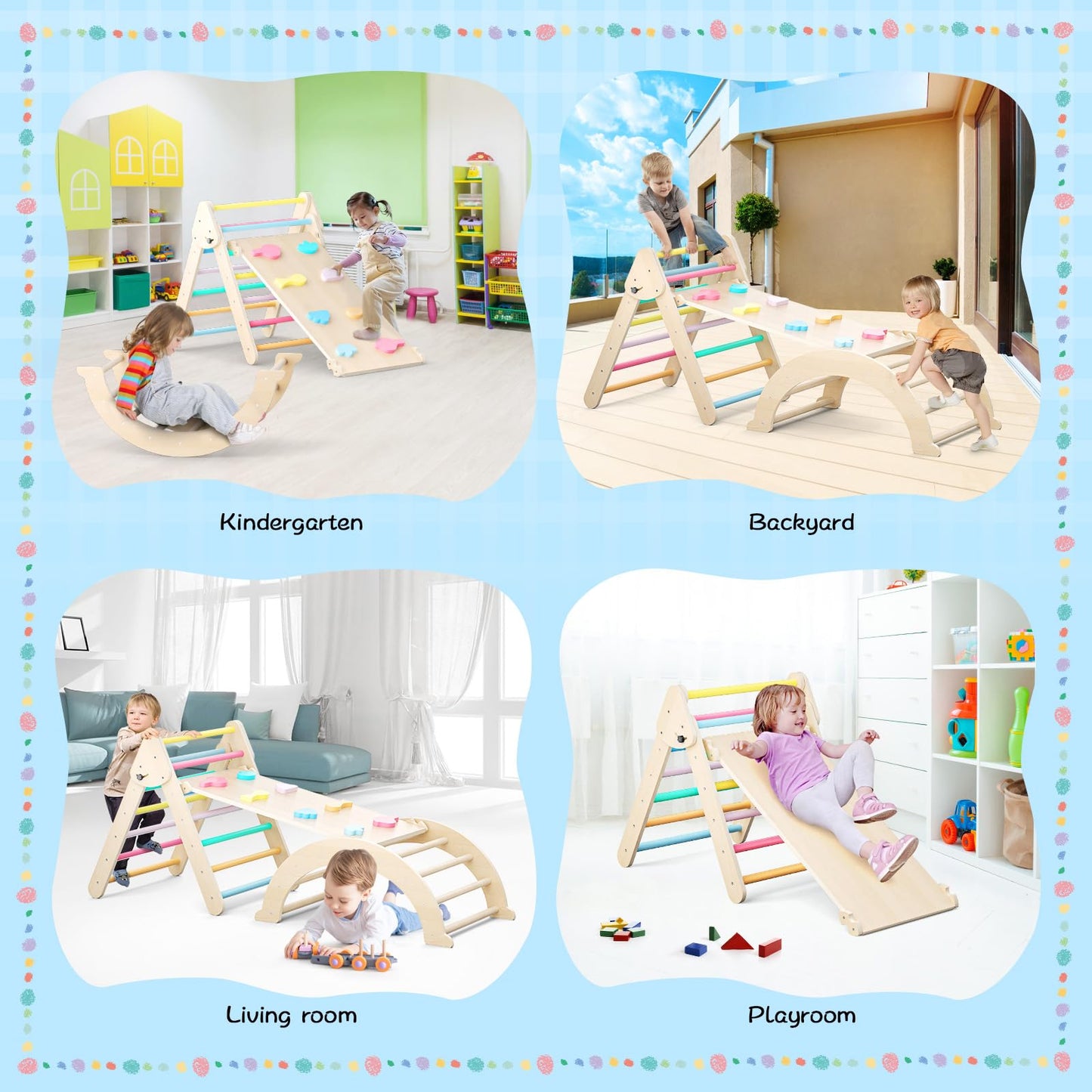 Brolteja Kletterspielzeug für Kleinkinder, Kletterleitern aus Holz für Kinder, faltbares Klettergerüst für Kinder, Montessori-Spielausrüstung für Kleinkinder (Regenbogenfarbe-3 in 1)