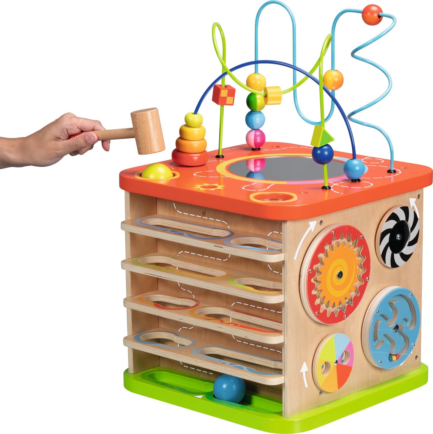 goki 59964 - Activity- und Motorikwürfel ActiveKids aus Holz und Metall, Lernspielzeug für Kleinkinder, Fördert Feinmotorik und Sinneswahrnehmung, bunter Spielwürfel XXL, 35cm x 35cm x 54cm, ab 1 Jahr