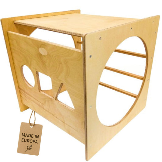 Unique Nature Montessori Spielwürfel 55x55x55 cm – multifunktionales Indoor Motorikspielzeug aus Holz ab 1 Jahr, großer Motorikwürfel als Tunnel, Sortierer & Kletterelement für Kleinkinder
