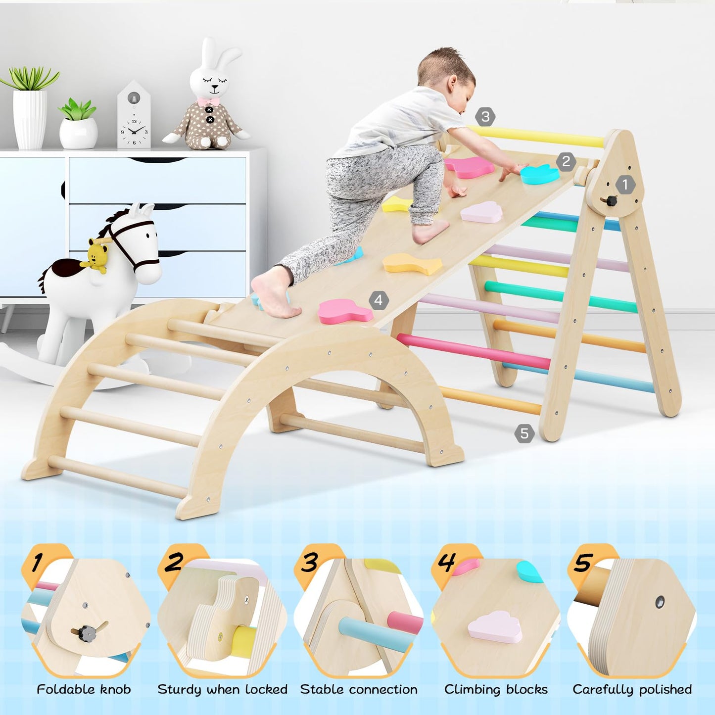 Brolteja Kletterspielzeug für Kleinkinder, Kletterleitern aus Holz für Kinder, faltbares Klettergerüst für Kinder, Montessori-Spielausrüstung für Kleinkinder (Regenbogenfarbe-3 in 1)