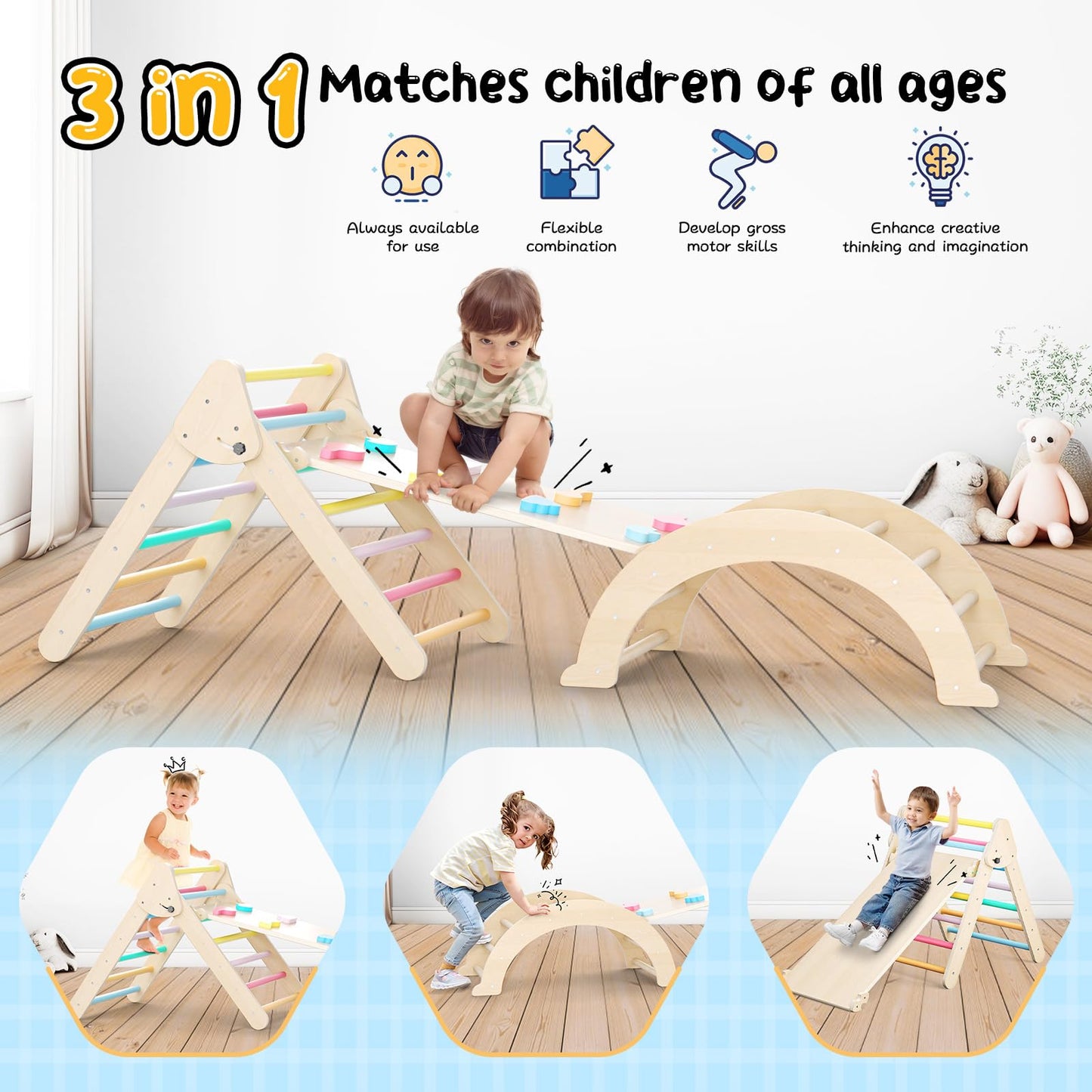 Brolteja Kletterspielzeug für Kleinkinder, Kletterleitern aus Holz für Kinder, faltbares Klettergerüst für Kinder, Montessori-Spielausrüstung für Kleinkinder (Regenbogenfarbe-3 in 1)
