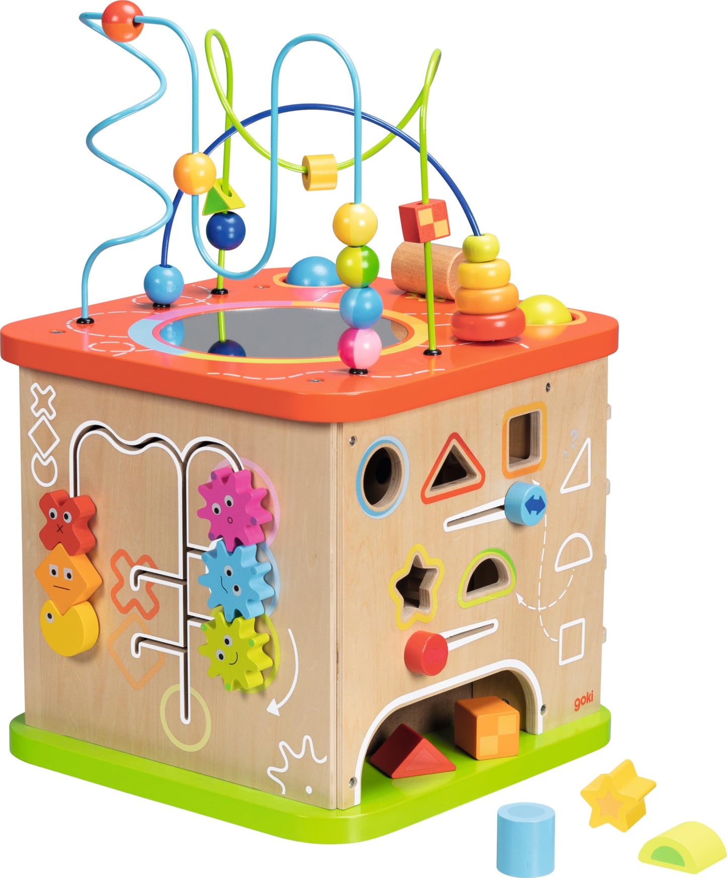 goki 59964 - Activity- und Motorikwürfel ActiveKids aus Holz und Metall, Lernspielzeug für Kleinkinder, Fördert Feinmotorik und Sinneswahrnehmung, bunter Spielwürfel XXL, 35cm x 35cm x 54cm, ab 1 Jahr