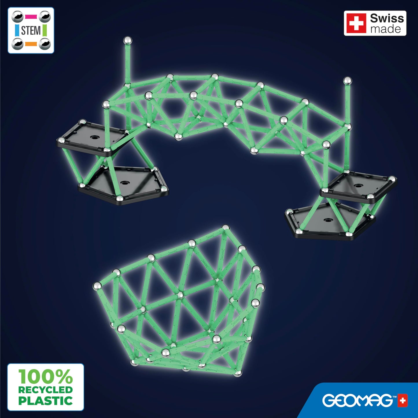Geomag, Glow Recycled, Magnetische Konstruktionen mit Glüheffekt, Glow-in-The-Dark Magnetstäbe, 142 Stück Packung, 100% recycelter Kunststoff