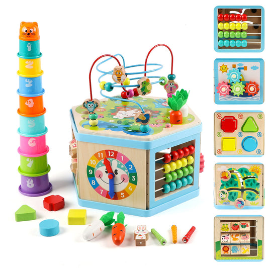 Vomocent - Holz-Aktivitätswürfel, 1 Jahr, Labyrinth, pädagogisches Lernen für Kinder von 1 bis 3 Jahren, Montessori-Entwicklungsspielzeug für Jungen und Mädchen von 12 bis 36 Jahren