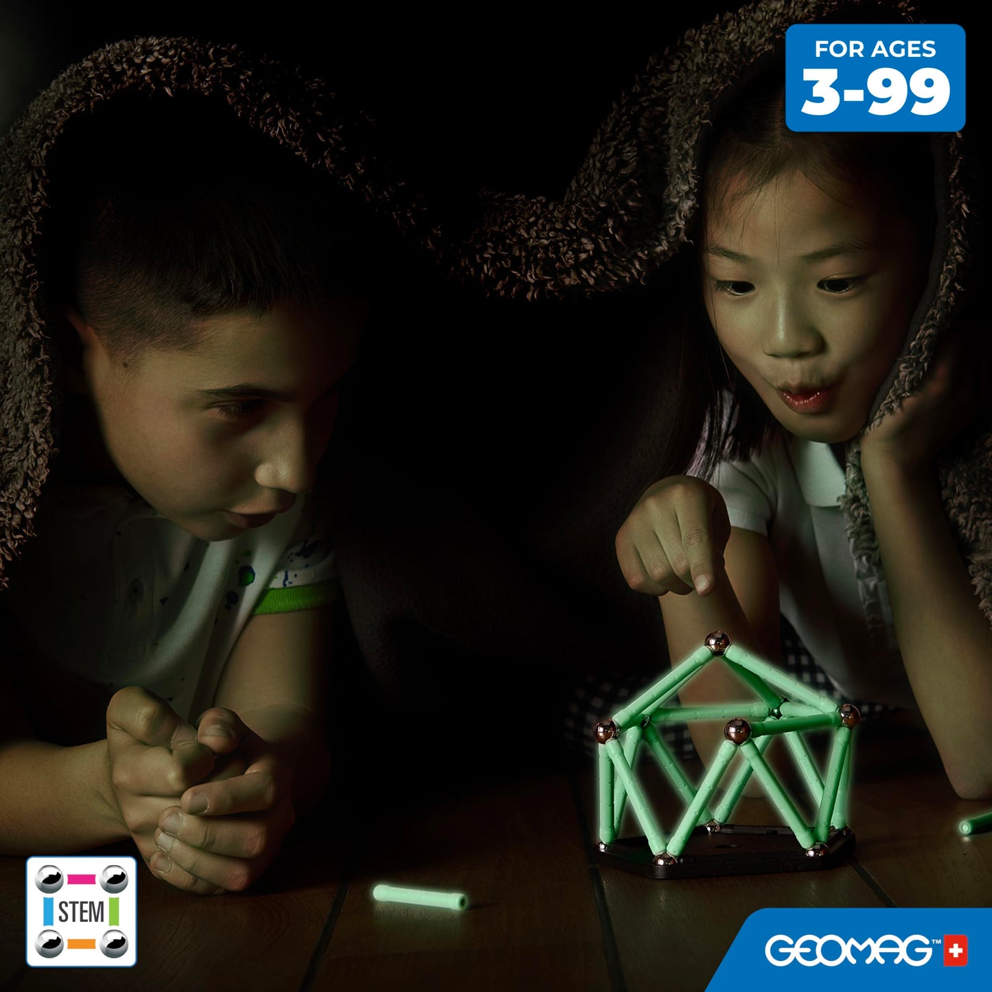 Geomag, Glow Recycled, Magnetische Konstruktionen mit Glüheffekt, Glow-in-The-Dark Magnetstäbe, 142 Stück Packung, 100% recycelter Kunststoff