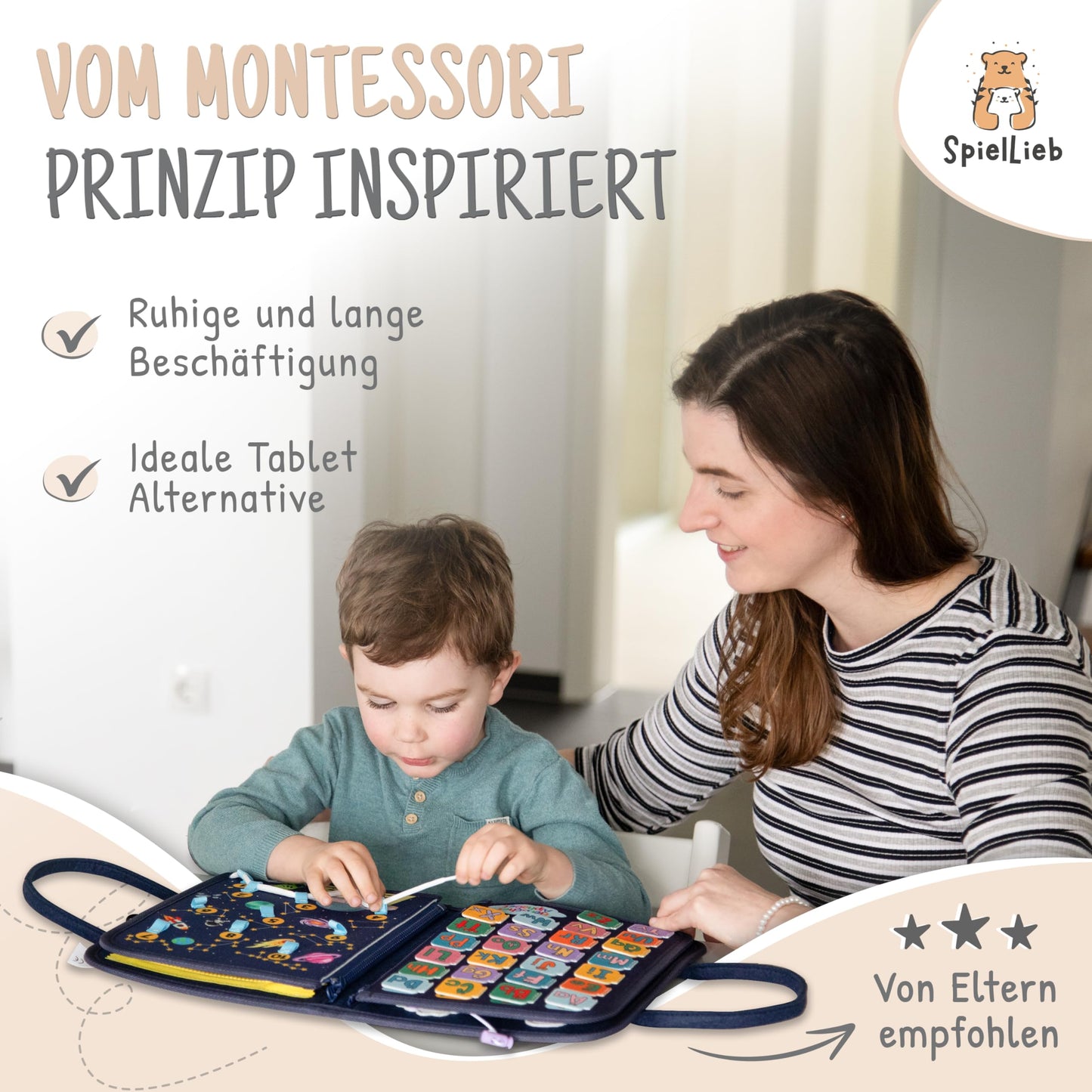 SpielLieb® Montessori Busy Board ab 3 Jahren – Interaktives Activity Board für Kinder, Motorikspielzeug & Reisespaß für Auto und Flugzeug