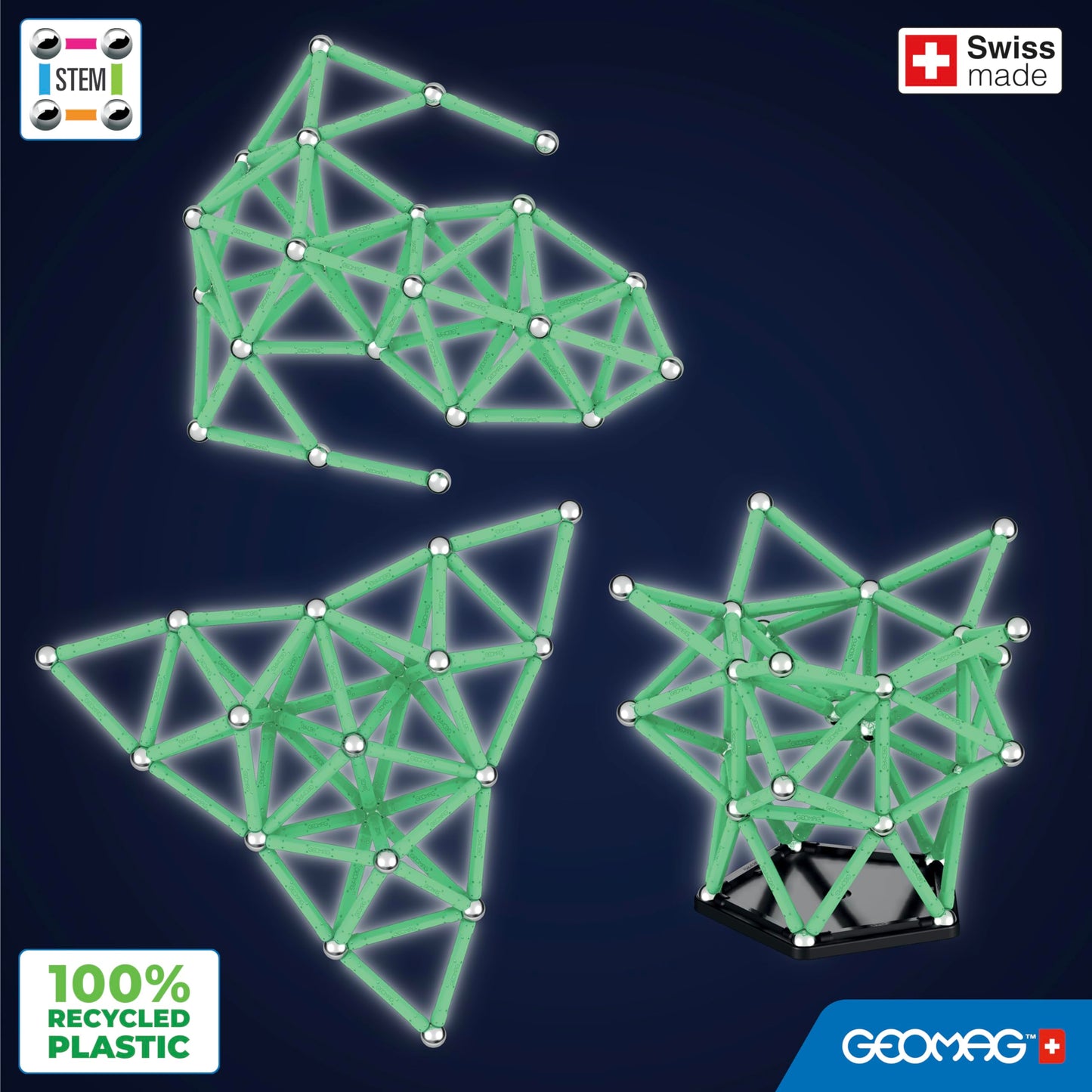 Geomag, Glow Recycled, Magnetische Konstruktionen mit Glüheffekt, Glow-in-The-Dark Magnetstäbe, 142 Stück Packung, 100% recycelter Kunststoff