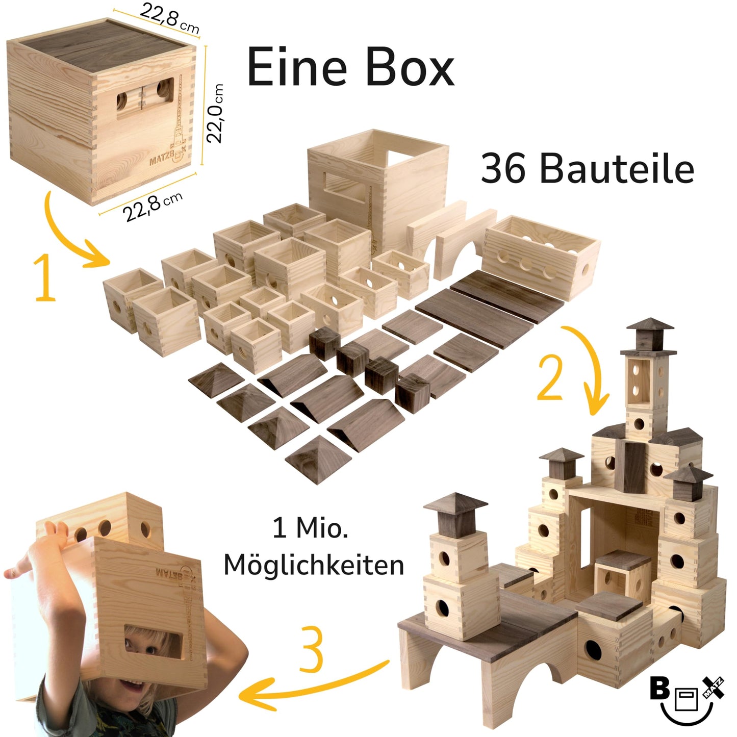 MATZBOX – Montessori Kreativspielzeug – mehrfach ausgezeichnetes und FSC®-zertifiziertes Holzspielzeug aus nachhaltigen XL Holzbausteinen – hochwertiges Spielzeuggeschenk ab 1, 2, 3, 4, 5 Jahren