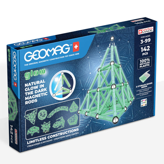 Geomag, Glow Recycled, Magnetische Konstruktionen mit Glüheffekt, Glow-in-The-Dark Magnetstäbe, 142 Stück Packung, 100% recycelter Kunststoff