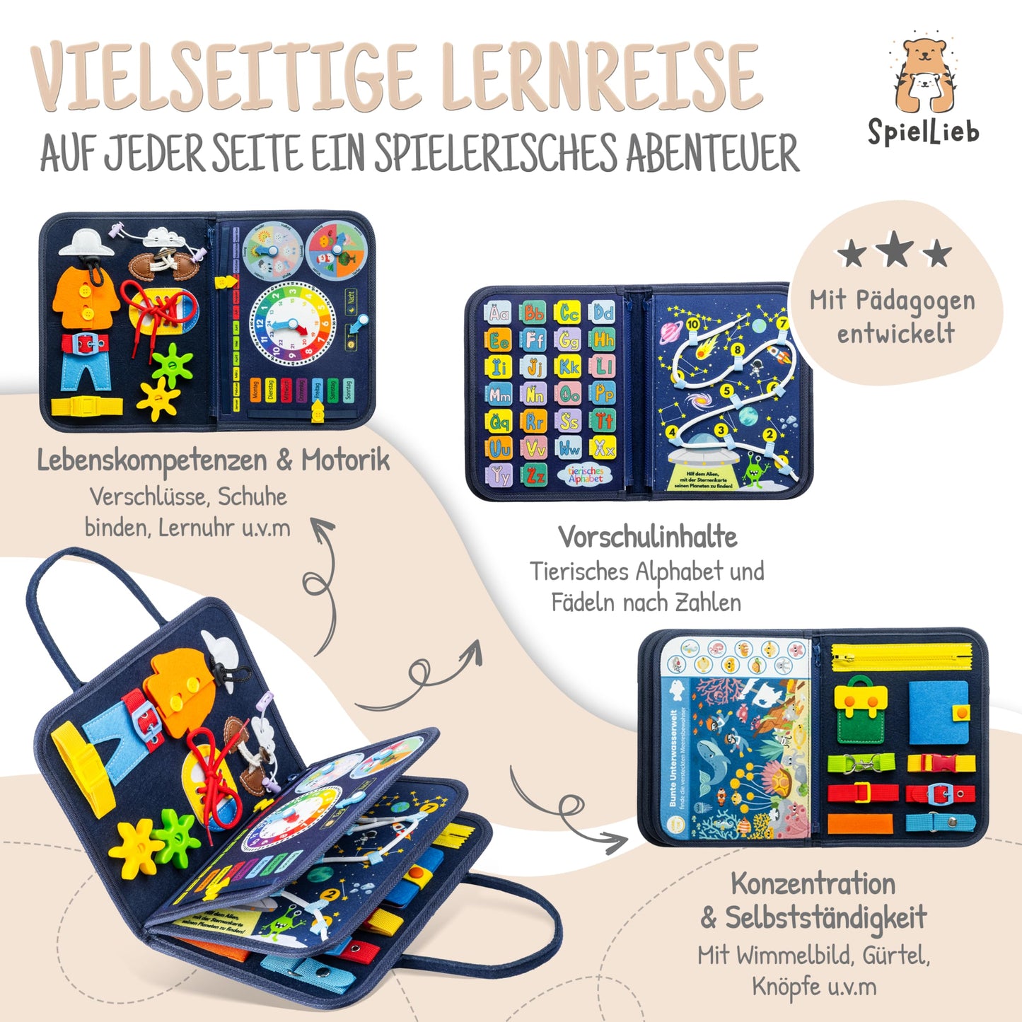 SpielLieb® Montessori Busy Board ab 3 Jahren – Interaktives Activity Board für Kinder, Motorikspielzeug & Reisespaß für Auto und Flugzeug